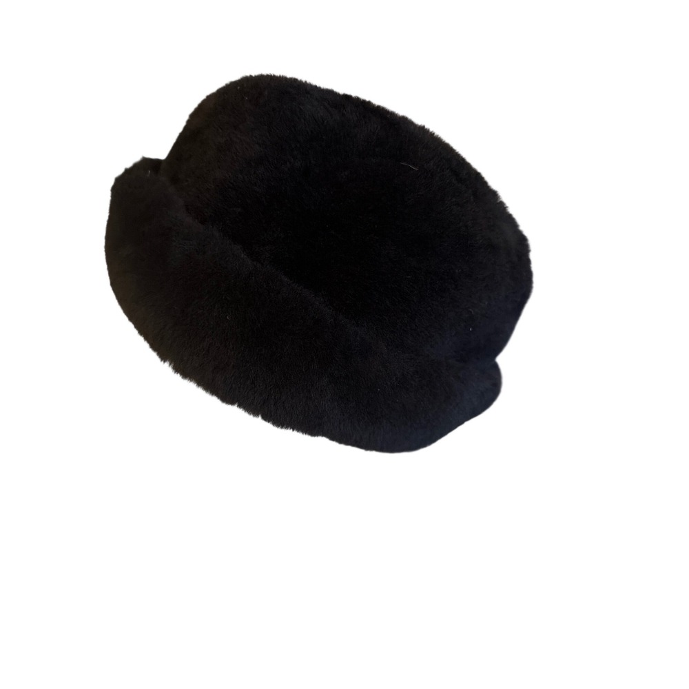 Faux Fur Hat Black Pillbox Cossack Style Quilted‎ Lining Ear Flaps